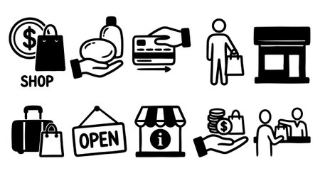 A collection of hand sketched shopping icons including credit card payment, open sign, store front, money transaction, and customer cashier interaction, simple and clear design.のイラスト素材