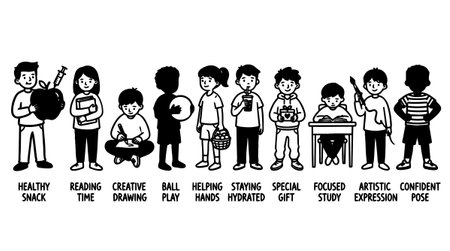 Monochrome vector art features children in educational and playful activities like helping hands, staying hydrated, special gift giving, focused study, and artistic expression in confident poses, offering a clear and simple visual style suitable for educational or childrens health themesのイラスト素材