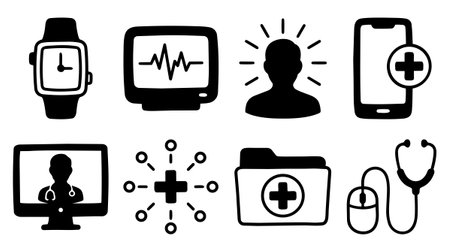 A collection of simple black medical icons representing health technology, telemedicine, patient care, and medical data management in flat vector style, clear and minimalistic.のイラスト素材
