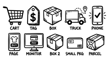Hand drawn style icons depict e-commerce elements including shopping cart, price tag, shipping boxes, delivery truck, and payment screen with clear black linesのイラスト素材