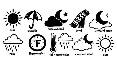 A set of hand drawn black and white weather icons featuring sun, umbrella, moon, cloud, scarf, and thermometer in a simple vector style for design use.のイラスト素材