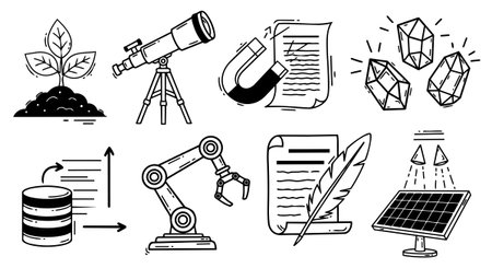 Set of black and white line art vector icons including plant sprout, telescope, magnet with paper, robotic arm, feather quill scroll, crystals, and solar panel illustrations.のイラスト素材