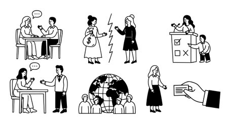 Clean black and white line art vector depicting communication, voting, and global community themes with diverse figures in business and social settings, crisp and minimalistic styleのイラスト素材