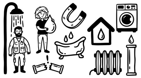 Hand drawn black and white plumbing vector icons including plumber figure, water droplets, broken pipes, bathtub, house with water drop, radiator, and washing machine, simple style.のイラスト素材