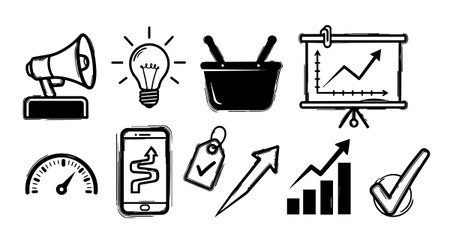 Collection of hand drawn business icons including megaphone, light bulb, graphs, smartphone navigation, and check marks in monochrome minimalistic style for presentations and branding.のイラスト素材