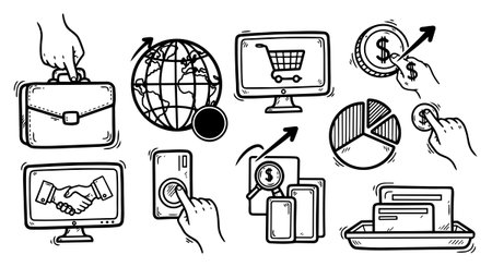 A collection of monochrome hand drawn business icons featuring briefcase, globe, shopping cart, handshake, pie chart, and financial growth elements in sketch style for professional use.のイラスト素材