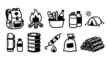 A collection of black hand drawn camping themed icons featuring essentials like backpack, fire, food, tent, and wood logs for outdoor adventure illustrations and design projectsのイラスト素材