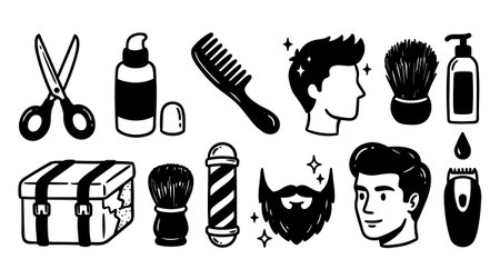 Monochrome vector art displays haircutting tools including scissors, comb, clippers, shaving brushes, and clean shaven with bearded sparkling male heads in close up.のイラスト素材