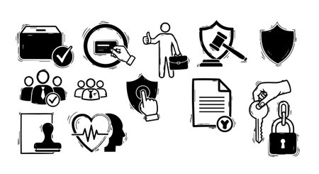 A monochrome vector collection of business and security icons including shields, documents, people, lock and key, and health pulse, designed for digital and print use in a minimalist style.のイラスト素材