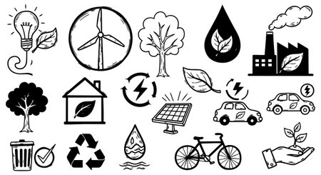 Black and white hand drawn eco friendly icons represent electric vehicles, solar power, wind energy, recycling, green factories, and environmental protection concepts with simple line art style.のイラスト素材