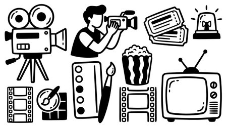 Collection of vector drawings depicting vintage film cameras, popcorn, tickets, and retro television in black and white style suitable for media theme designs.のイラスト素材