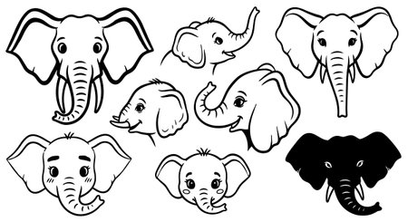 A charming set of elephant head illustrations in black and white line art style suitable for logos, childrenのイラスト素材