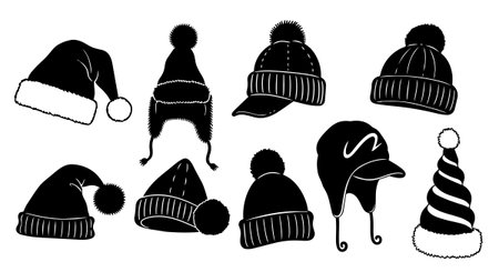 Black silhouette vector set of various winter hats featuring pom poms, ear flaps, and classic santa styles designed for seasonal holiday graphics and apparel design.のイラスト素材