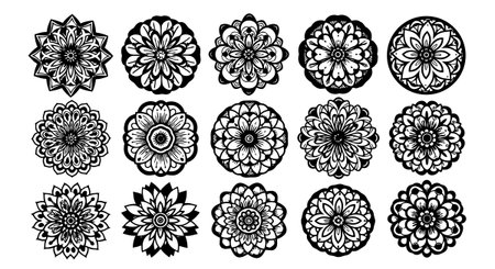 A collection of fifteen black and white floral mandalas arranged in rows, featuring intricate symmetrical patterns in detailed vector illustration style, elegant and decorative.のイラスト素材
