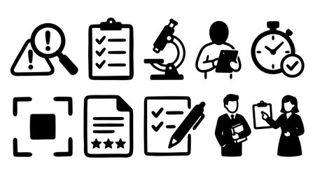 Collection of black flat icons showing checklist, microscope, clipboard, stopwatch, human figures with documents, and warning signs in simple vector style for business or educationのイラスト素材