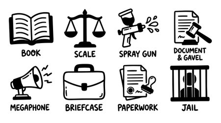 Simple black and white vector icons depict legal and office related items with hand drawn style, suitable for web, print, and educational purposes in a minimal monochrome aesthetic.のイラスト素材
