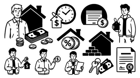 Flat black and white vector illustration shows people with house icons, money stacks, coins, keys, and financial documents representing mortgage and real estate loans.のイラスト素材