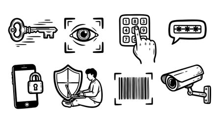 Monochrome security themed icons show various authentication methods and protection devices in a clean vector style, suitable for digital security and technology concepts.のイラスト素材