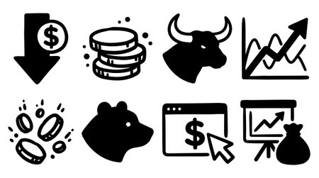 A collection of bold black finance icons featuring market trends, currency symbols, bull and bear heads, and financial growth charts for business use.のイラスト素材
