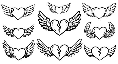 Outline vector collection displaying hearts with wings, including broken and complete styles, created in flat black line art perfect for tattoo and emblem design.のイラスト素材