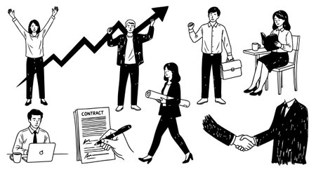 Various business people in black and white line art style with contract signing, handshake, upward arrow graph, laptop and reading scenes showing professional teamwork and success.のイラスト素材
