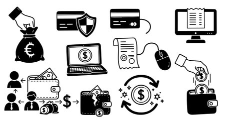 Monochrome vector art illustrating digital payments including wallet transactions, credit card security, coin deposits, receipt generation, and data flow in flat design style.のイラスト素材