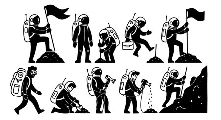 Silhouetted astronaut icons in black and white flat style depicting flag planting, rock climbing, drilling, and space walking on alien terrain in vector format.のイラスト素材