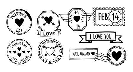Collection of black and white valentines day stamps featuring hearts, arrows, love messages, and special delivery text in a flat design style, romantic and nostalgic.のイラスト素材
