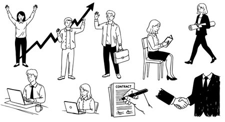 Black and white vector art depicting business professionals in various activities including celebrating growth, signing contracts, working on laptops, and shaking hands, showcasing office collaboration and professionalism.のイラスト素材