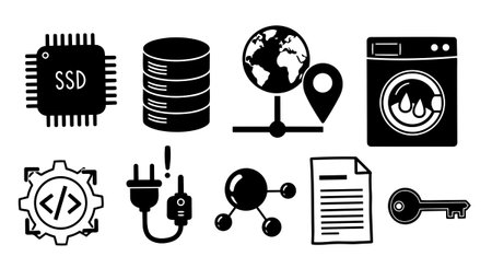 Solid black icons display common technology and utility symbols including ssd chip, database, coding gear, global network, washing machine, power plug, molecule, document, and key in minimalist style.のイラスト素材