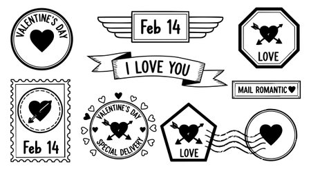 Black and white vector stamp set illustrating valentines day themes with hearts, arrows, and romantic mail elements in flat design style, perfect for greeting card decor.のイラスト素材