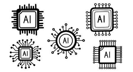 A collection of five black and white ai chip icons with unique circuit patterns, illustrating artificial intelligence technology in minimal line art style, technical and clean.のイラスト素材