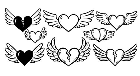 Collection of black and white vector winged hearts featuring whole and broken designs in outline style, suitable for tattoos, decals, and graphic art, bold and clean.のイラスト素材