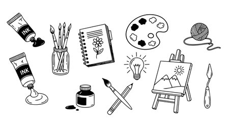 Series of monochrome art tools such as ink tubes, brushes, palette, easel with landscape, and a sketchbook displayed in simple line art style, creative and minimalistic.のイラスト素材