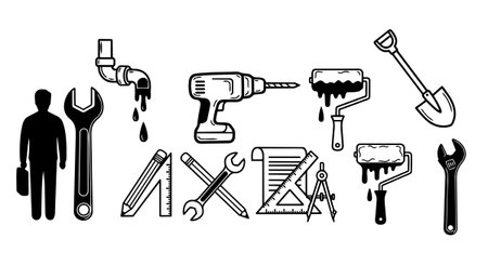 Collection of black silhouette construction tools including wrench, drill, paint rollers with dripping paint, shovel, ruler, compass, and worker icon in vector style, clean and sharp design elements.のイラスト素材