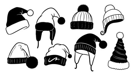 Collection of winter hats including pom pom beanies and fur lined ear flap designs displayed as black and white vector silhouettes, suitable for apparel or seasonal theme graphics.のイラスト素材