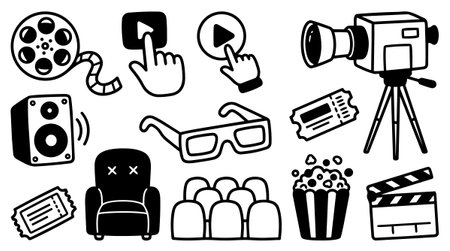 A hand drawn vector set of cinema themed icons featuring a vintage video camera, popcorn bucket, film reel, theater seats, and ticket stubs in black and white line art style.のイラスト素材