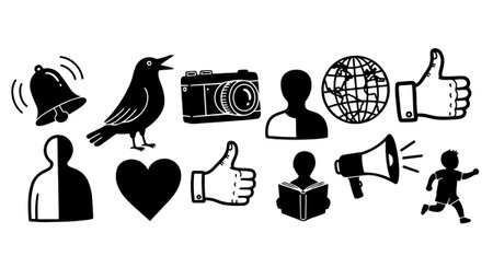 A collection of minimalist black silhouette icons featuring communication, social interaction, and nature symbols in flat design style for modern digital use.のイラスト素材