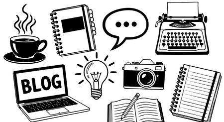 Black and white vector art featuring vintage typewriter, camera, light bulb, coffee cup, laptop with blog text, and various notebooks for creative writing and blogging inspiration.のイラスト素材