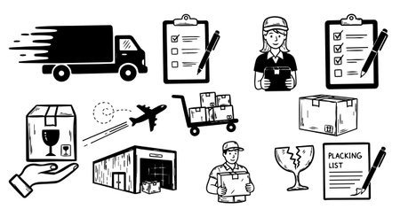 Hand drawn vector style icons depict delivery truck, checklist, warehouse, fragile packages, airplane, and couriers, illustrating shipping and logistics workflow in a minimalist style.のイラスト素材