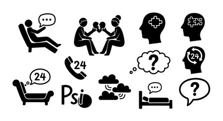 Collection of mental health themed black icons including therapy, relationship counseling, 24 hour support, puzzles symbolizing mind, and thinking questions in flat vector styleのイラスト素材