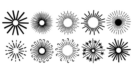 A collection of twelve black sunburst and starburst vector shapes with different line thicknesses and decorative details for graphic design and branding use.のイラスト素材