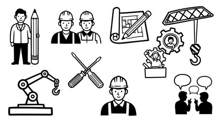 Black and white vector line icons showing engineers with helmets, construction tools, mechanical arm crane, blueprint with pencil, and teamwork communication symbols in simple style.のイラスト素材