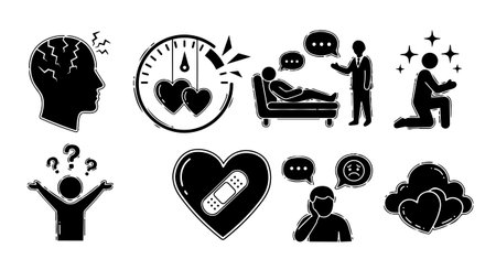 Set of black silhouette icons illustrating mental health challenges, therapy sessions, emotional healing, and support concepts with simple flat style, useful for healthcare and wellness content.のイラスト素材