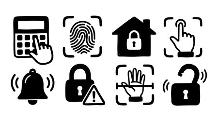 Set of black hand drawn icons showing security and technology concepts like fingerprint scanning, unlocking padlocks, alert bells, and touch interactions in minimal style, clear and simple design.のイラスト素材