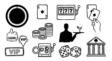 Set of black and white casino themed vector icons featuring slot machines, dice, chips, playing cards, dealer serving drink, and vip symbols in minimalist style.のイラスト素材