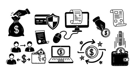 Monochrome vector icons depict hands holding money bag and coin, laptop with dollar sign, mouse, security shield, and wallet with coin storage in financial context.のイラスト素材