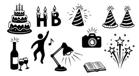 A collection of black and white party icons featuring birthday cake with candles, dancing figure, wine glass, party hats, camera flash, and fireworks illustrations.のイラスト素材