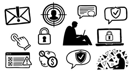 A collection of hand drawn black vector icons representing cybersecurity concepts like data protection, hacking, secure communication, and alerts in bold line art styleのイラスト素材