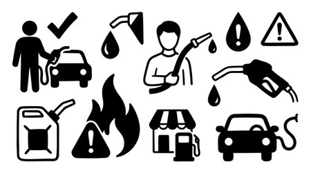 Silhouetted fuel related icon set includes a person refilling car, gas pump, fuel drops, flame hazard, caution signs in flat black style for safety illustrations.のイラスト素材